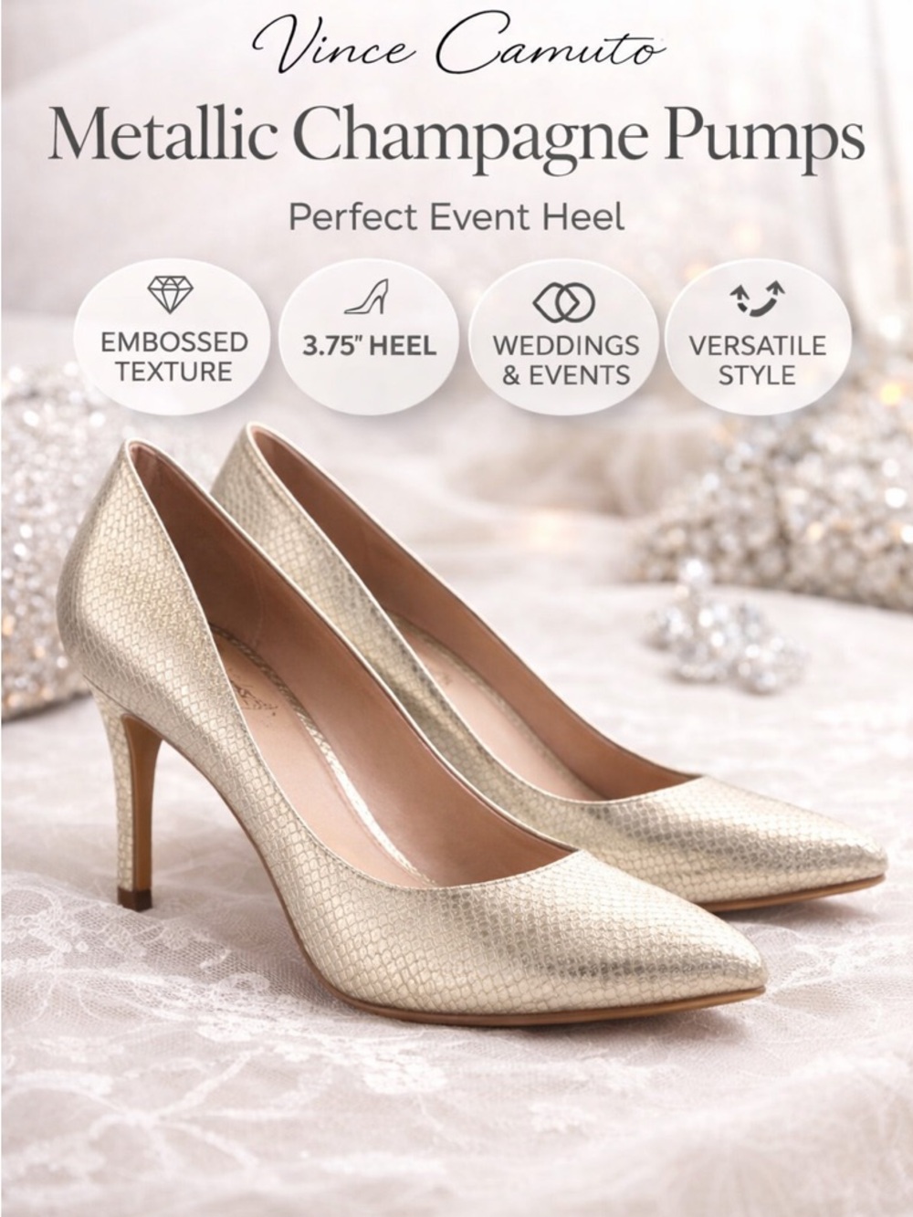Vince Camuto Metallic Gold Pumps 7.5 Embossed Heels Wedding Party